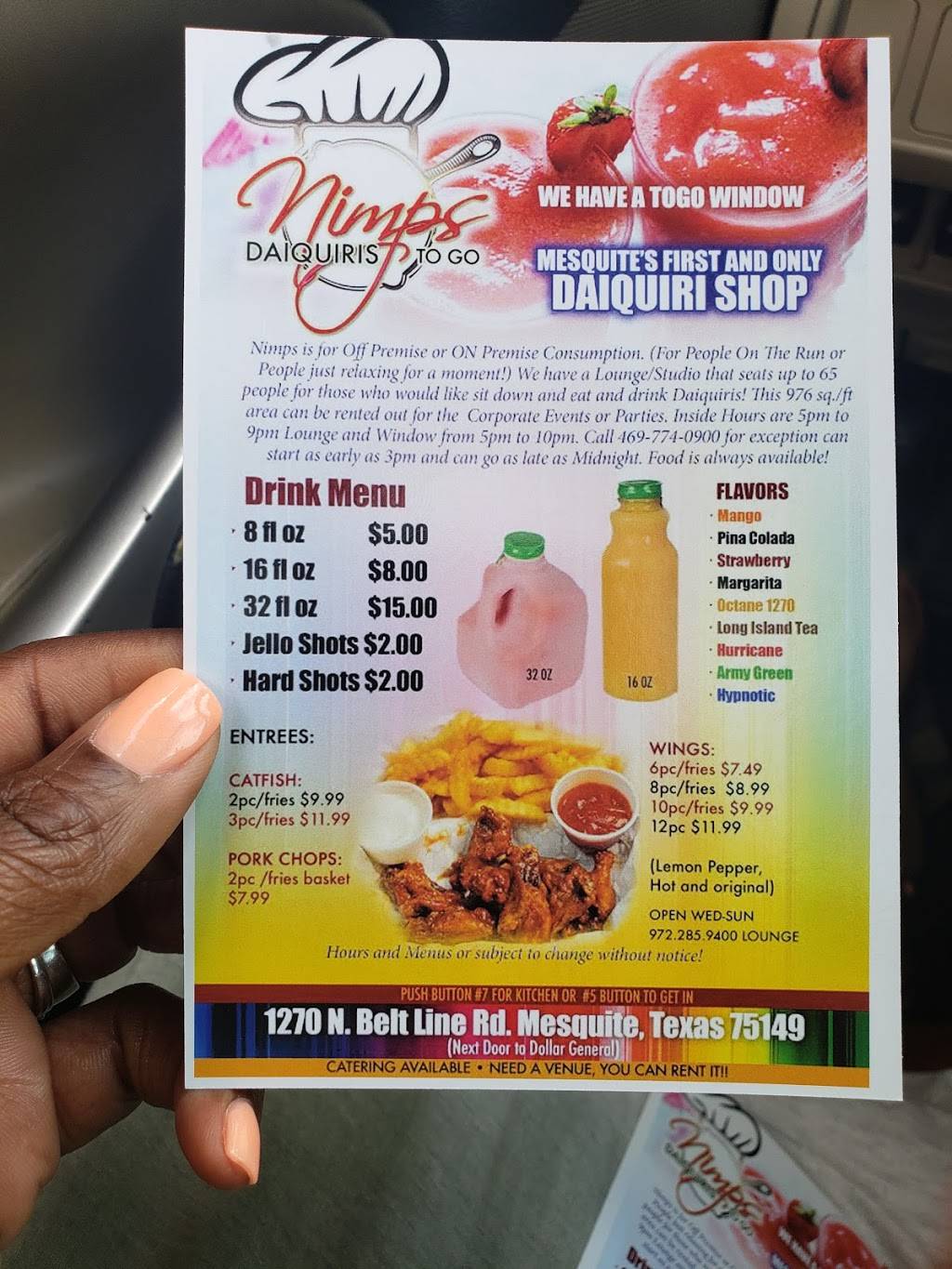 Nimps Daiquiris To Go | restaurant | 1270 N Belt Line Rd, Mesquite, TX 75149, USA | 9722859400 OR +1 972-285-9400