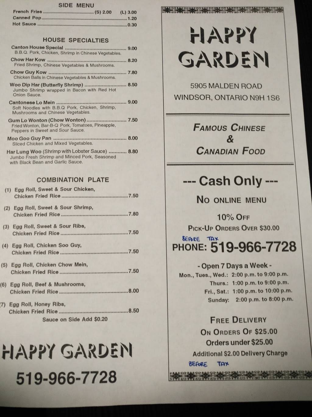 Happy Garden Restaurant | meal takeaway | 5905 Malden Rd, Windsor, ON N9H 1S6, Canada | 5199667728 OR +1 519-966-7728