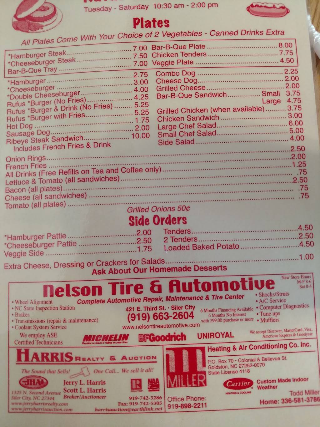 Rufus Restaurant | restaurant | 1977 N Main St, Goldston, NC 27252, USA | 9198984841 OR +1 919-898-4841