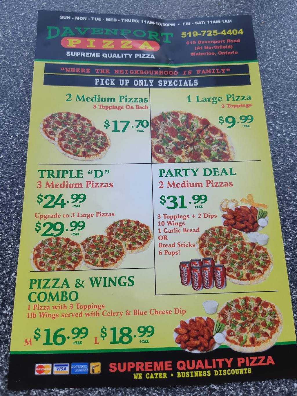 Davenport Pizza | restaurant | 615 Davenport Rd, Waterloo, ON N2V 2G2, Canada | 5197254404 OR +1 519-725-4404
