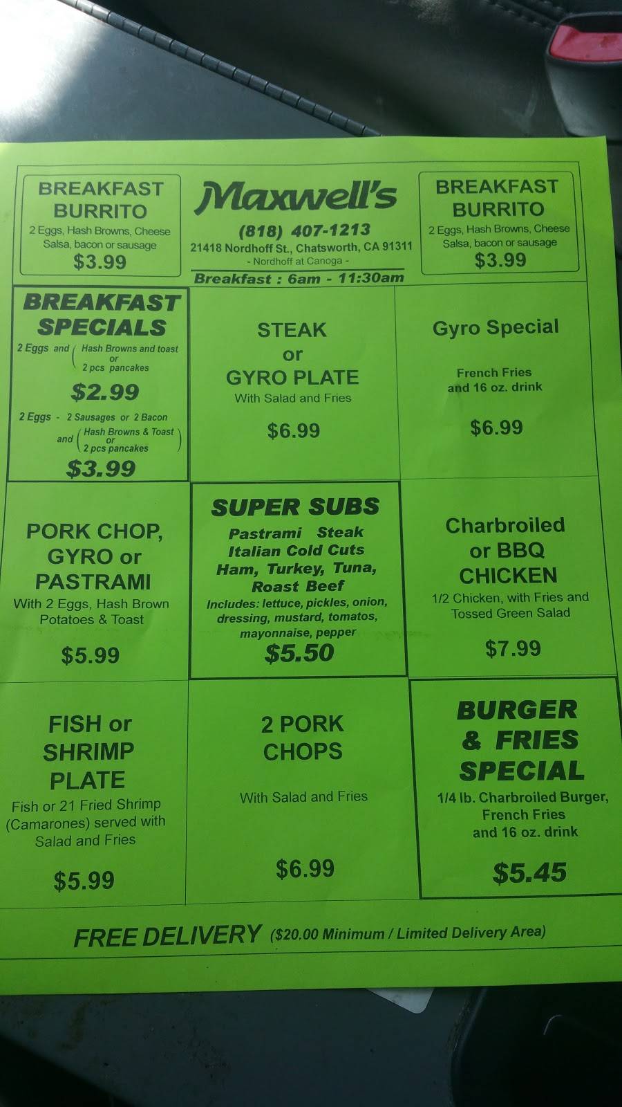 Maxwells Burgers & Hotdogs | meal takeaway | 21418 Nordhoff St, Chatsworth, CA 91311, USA | 8184071213 OR +1 818-407-1213