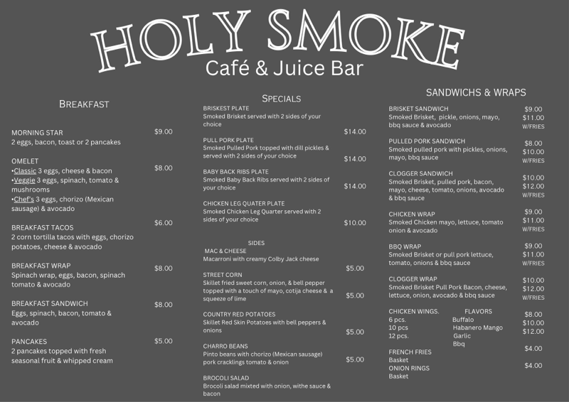 Holy Smoke Café & Juice Bar | restaurant | 1021 Park St, Westmoreland, TN 37186, USA | 6152187688 OR +1 615-218-7688