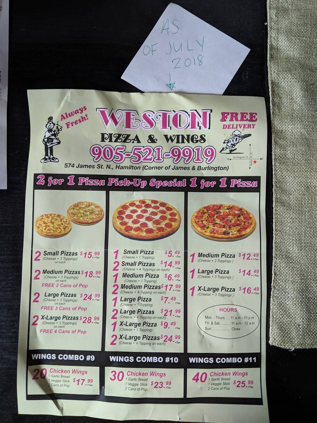 Weston Pizza And Wings | restaurant | 574 James St N, Hamilton, ON L8L 1J7, Canada | 9055219919 OR +1 905-521-9919