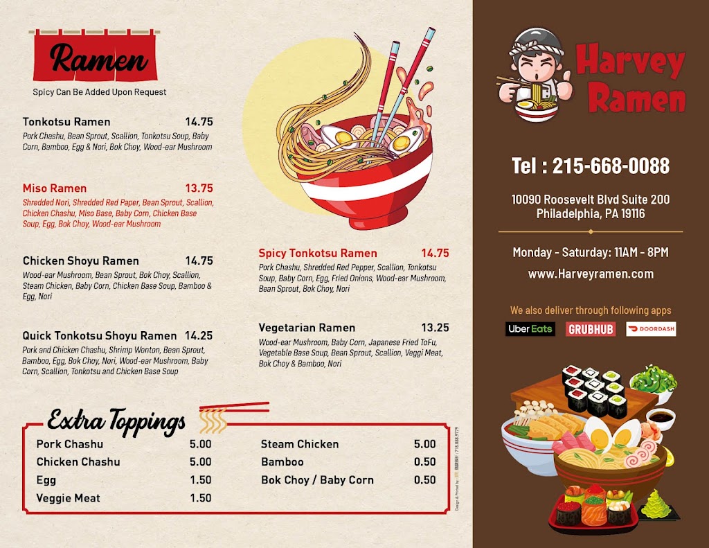 Harvey Ramen | restaurant | 10090 Roosevelt Blvd Suite 200, Philadelphia, PA 19116, USA | 2156680088 OR +1 215-668-0088