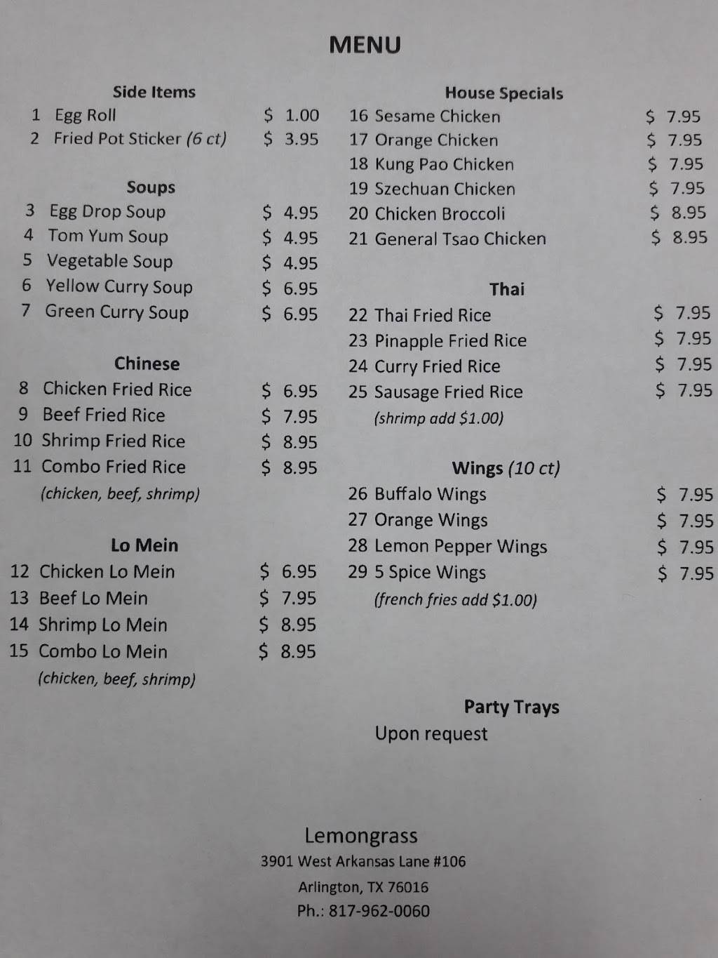 LEMONGRASS | restaurant | 1400, 3901 W Arkansas Ln #106, Arlington, TX 76016, USA | 8179620600 OR +1 817-962-0600