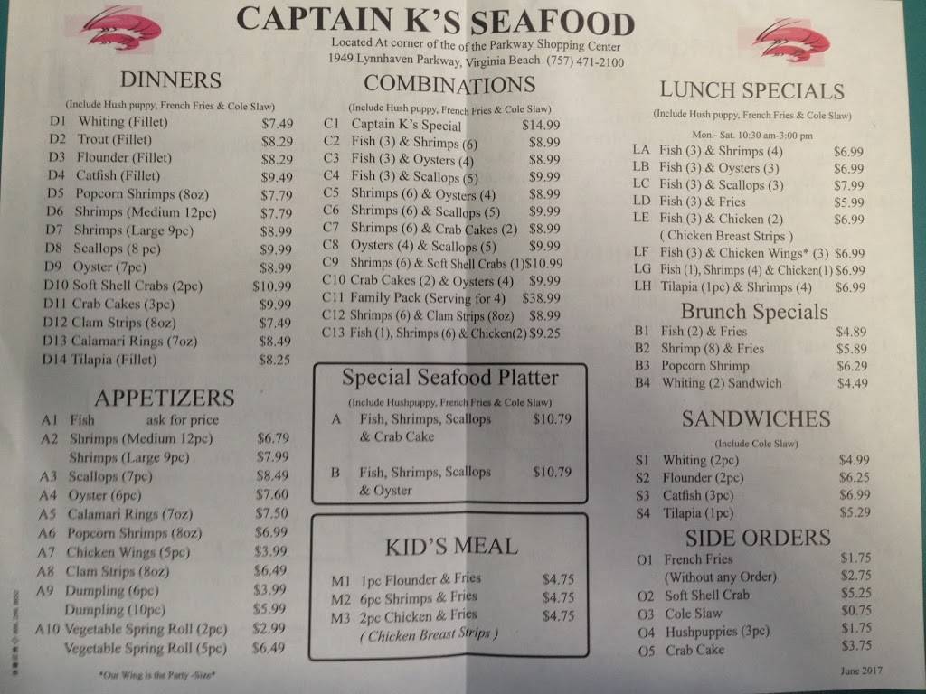 Captain K | restaurant | 1949 Lynnhaven Pkwy # 1596, Virginia Beach, VA 23453, USA | 7574712100 OR +1 757-471-2100