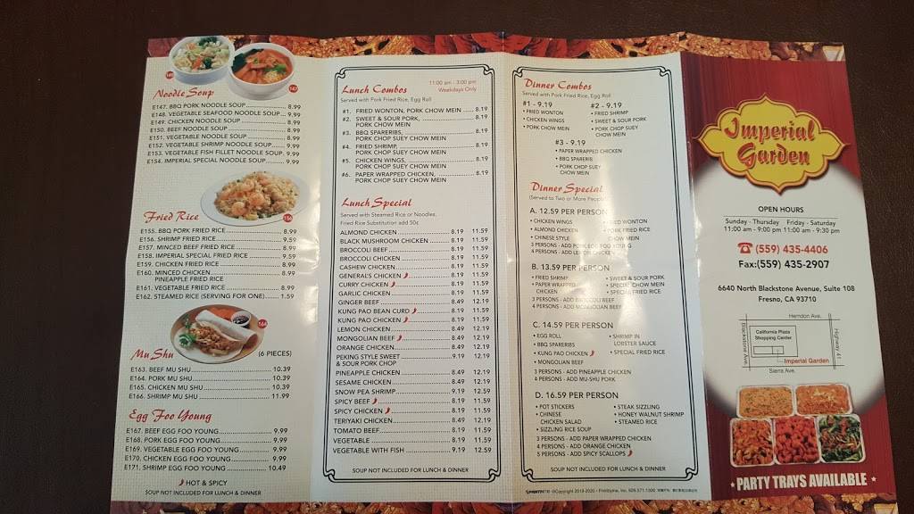 Imperial Garden Restaurant | restaurant | 6640 N Blackstone Ave, Fresno, CA 93710, USA | 5594354406 OR +1 559-435-4406