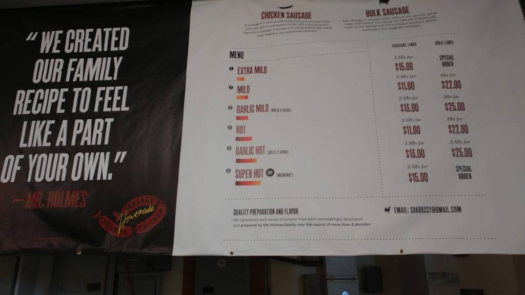 Holmes Homemade Chicken Sausage | restaurant | 12020 S Central Ave, Los Angeles, CA 90059, USA | 3232498155 OR +1 323-249-8155