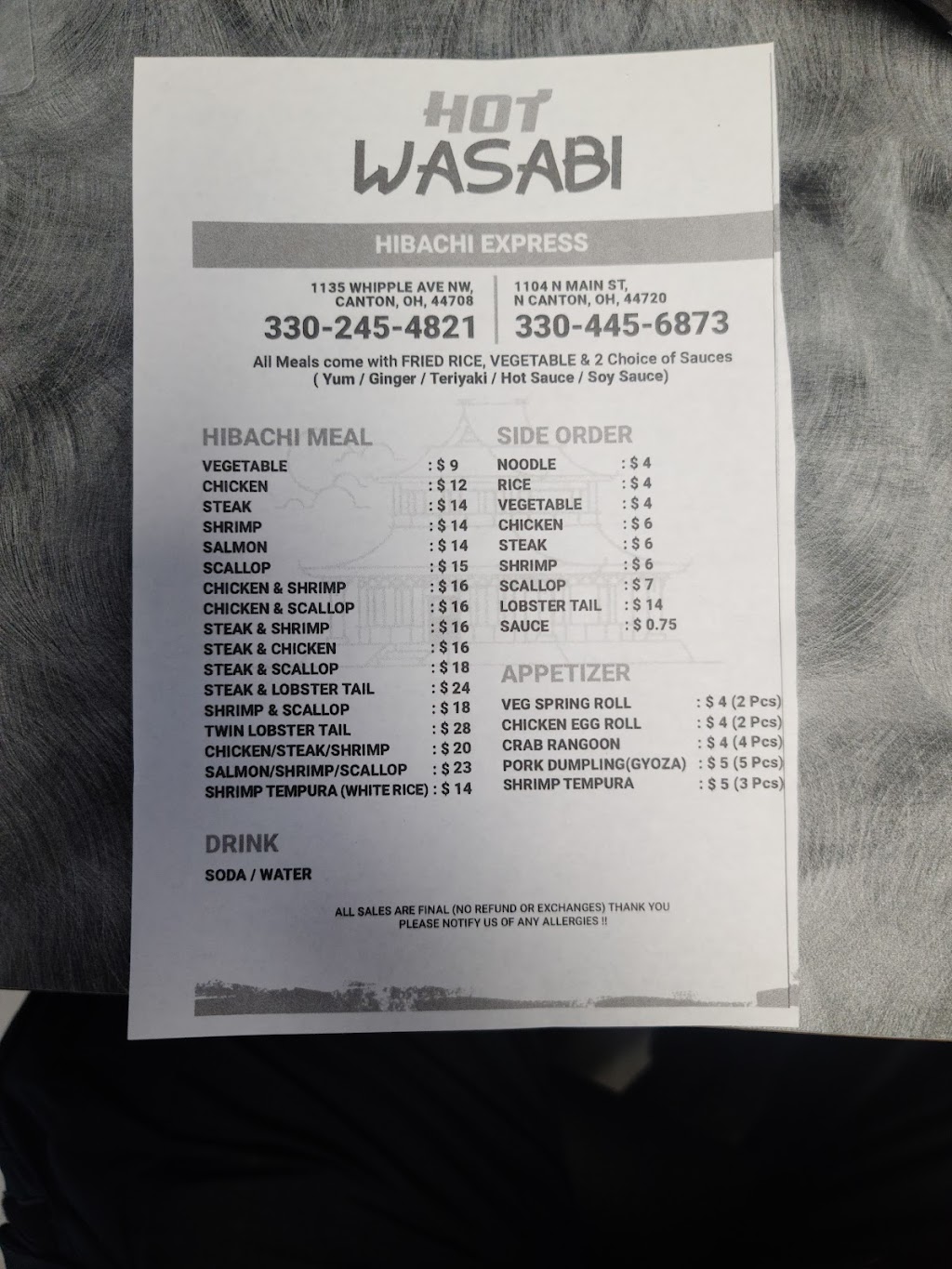 Hot Wasabi Hibachi Express | restaurant | 1104 N Main St, North Canton, OH 44720, USA | 3304456873 OR +1 330-445-6873
